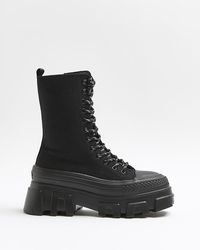River Island - Black Canvas Chunky Boots - Lyst