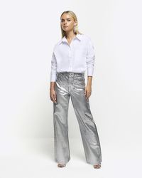 River Island - Petite Silver Straight Coated Jeans - Lyst