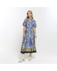 River Island - Blue Satin Floral Belted Midi Shirt Dress - Lyst