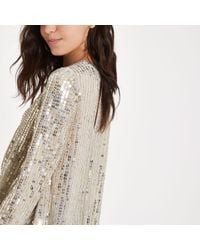 River Island Sequin Tuck Front Long Sleeve Top - Metallic