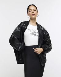 River Island - Black Faux Leather Bomber Jacket - Lyst