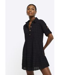 River Island - Black Textured Button Up Mini Smock Dress - Lyst