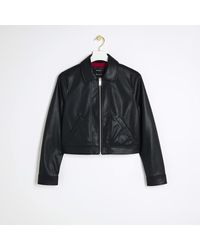 River Island - Black Faux Leather Zip Up Harrington Jacket - Lyst