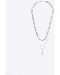 River Island - Silver Colour Cross Multirow Necklace - Lyst
