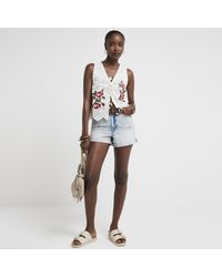 River Island - Cream Broderie Embroidered Tie Up Vest Top - Lyst