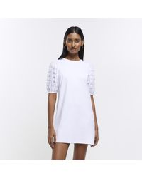 River Island - Textured Puff Sleeve T-shirt Mini Dress - Lyst