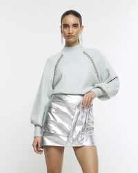 River Island - Silver Ruched Mini Skirt - Lyst