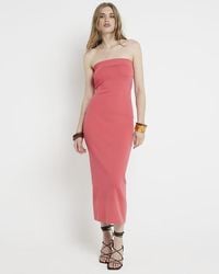 River Island - Pink Knit Bandeau Bodycon Midi Dress - Lyst