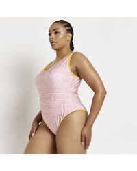 River Island - Plus Pink Ri Monogram Print Swimsuit - Lyst