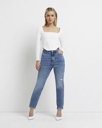River Island - Petite Blue High Waisted Ripped Mom Jeans - Lyst