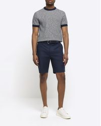 River Island - Navy Slim Fit Belted Chino Shorts - Lyst