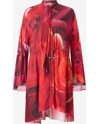 Roberto Cavalli - Rose-Print Mini Dress With Pussy-Bow - Lyst