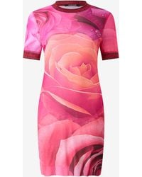 Roberto Cavalli - Short Rose-Print Dress With Glittery Trims - Lyst