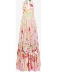 Roberto Cavalli - Long Chiffon Dress With Miami Flowers Print - Lyst