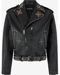 Roberto Cavalli - Leather Biker Jacket With Studs And Stones - Lyst