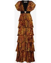 Roberto Cavalli - Maxikleid Aus Seide Mit Jaguar-Print Und Plissee - Lyst