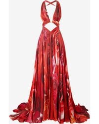 Roberto Cavalli - Long Dress With Rose Print And Cut-Out - Lyst