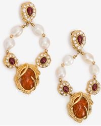 Roberto Cavalli - Golden Earrings With Pearls And Topaz-Effect Stones - Lyst