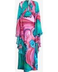 Roberto Cavalli - Long Silk Dress With Cut-Out And Marble Print - Lyst