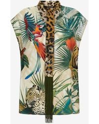 Roberto Cavalli - Jungle Print Silk Top With Scarf Detail - Lyst
