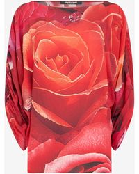 Roberto Cavalli - Sweater With Gathered Sleeves And Rose Print - Lyst