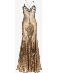 Roberto Cavalli - Kleid mit spitzenbesatz und jaguar-print - Lyst