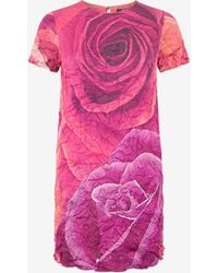 Roberto Cavalli - Crinkle-Effect Dress With Rose Print - Lyst