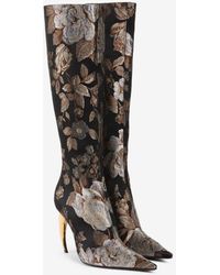 Roberto Cavalli Floral-brocade Tiger Tooth Knee-high Boots - Black