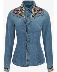 Roberto Cavalli - Floral Embroidered Denim Blouse - Lyst