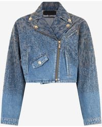 Roberto Cavalli - Cropped Denim Jacket With Rhinestones - Lyst