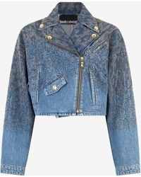 Roberto Cavalli - Cropped Denim Jacket With Rhinestones - Lyst