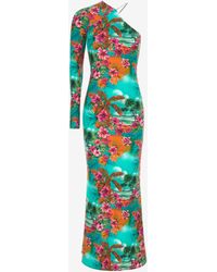 Roberto Cavalli - One-Shoulder Long Dress With Jungle Print - Lyst