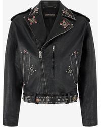 Roberto Cavalli - Leather Biker Jacket With Studs And Stones - Lyst