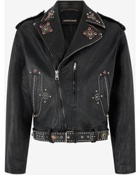 Roberto Cavalli - Leather Biker Jacket With Studs And Stones - Lyst