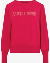 Roberto Cavalli - Fuchsia Sweater With Crystal Logo - Lyst