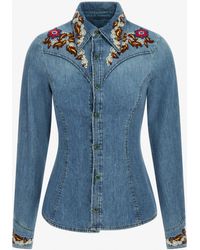 Roberto Cavalli - Floral Embroidered Denim Blouse - Lyst