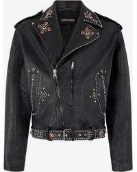 Roberto Cavalli - Leather Biker Jacket With Studs And Stones - Lyst