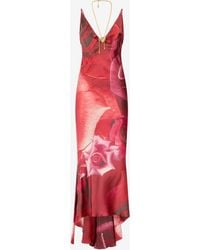 Roberto Cavalli - Long Dress With Rose Print And Bejeweled Tiger - Lyst
