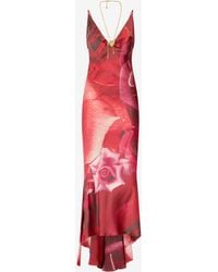 Roberto Cavalli - Long Dress With Rose Print And Bejeweled Tiger - Lyst
