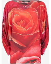 Roberto Cavalli - Pullover Mit Gerafften Ärmeln Und Print Rose - Lyst