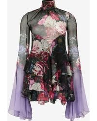 Roberto Cavalli - Silk Mini Dress With Fiammingo Flowers Print - Lyst
