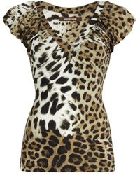 Roberto Cavalli - Leopard-print Ruched V-neck Top - Lyst