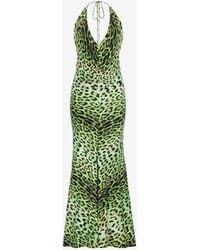 Roberto Cavalli - Gerafftes neckholder-kleid mit jaguar-print - Lyst