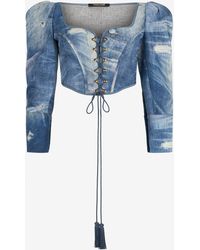 Roberto Cavalli - Denim Patchwork-Effect Corset With Lacing - Lyst