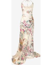 Roberto Cavalli - Extra-Long Pure Silk Dress With Oriental Bird Print - Lyst