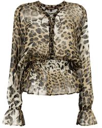 Roberto Cavalli - Leopard-print Tie-front Silk Top - Lyst
