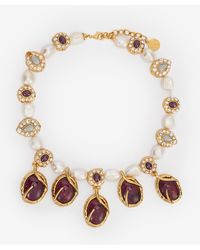 Roberto Cavalli - Golden Necklace With Pearls And Amethyst-Effect Stones - Lyst