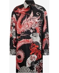 Roberto Cavalli - Kurzes Kleid Schwarz Mit Rotem Und Weißem Drachenprint - Lyst