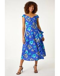 Roman - Floral Print Bardot Ruffle Stretch Dress - Lyst