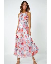 Roman - Floral Pleated Halterneck Maxi Dress - Lyst